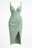 FJØRNA mocha satin midi dress for women with sleeveless design, high waist, and smooth finish, ideal for evening wear.