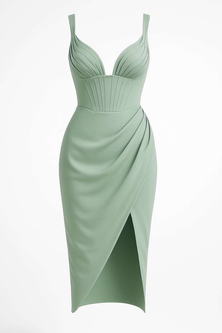 FJØRNA mocha satin midi dress for women with sleeveless design, high waist, and smooth finish, ideal for evening wear.