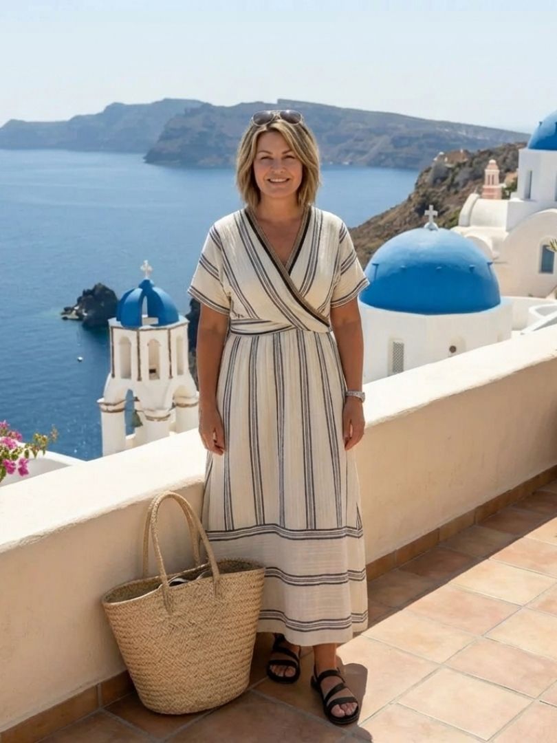 FJØRNA summer midi dress for women with V-neck and short sleeves, featuring a breezy, lightweight fabric perfect for warm weather.