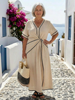 FJØRNA summer midi dress for women with V-neck, short sleeves, flowy lightweight fabric, perfect for warm weather.