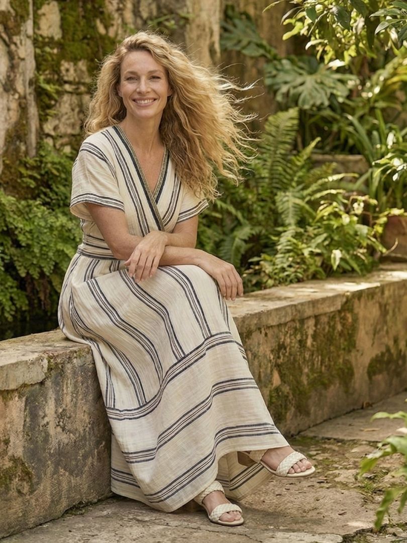 FJØRNA summer midi dress for women featuring short sleeves and a wrap design, perfect for warm weather and casual outings.