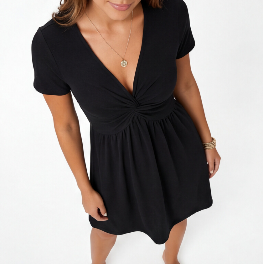FJØRNA women's cotton summer dress with V-neck, casual fit, lightweight fabric, and relaxed style perfect for warm weather.
