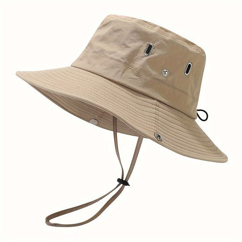 Unisex lightweight FJØRNA wide brim sun hat with adjustable cord and sun protection, perfect for outdoor wear.