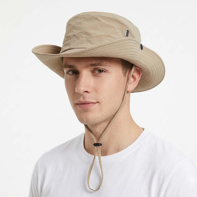 Unisex FJØRNA lightweight wide brim sun hat with adjustable cord, offering sun protection and a comfortable fit.
