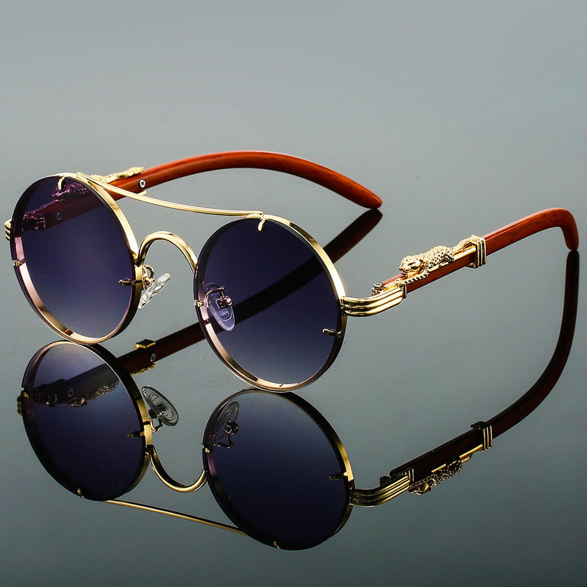 Unisex round retro sunglasses with double bridge frame by FJØRNA, featuring dark tinted lenses and stylish vintage design.