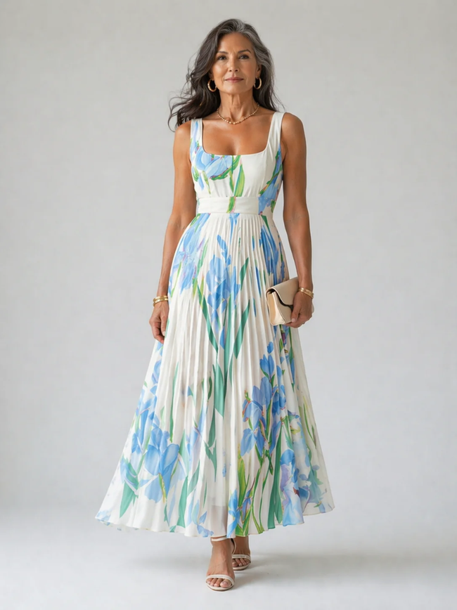FJØRNA elegant floral maxi dress for women featuring an A-line silhouette, perfect for stylish occasions and summer wear.