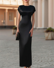 Elegant black satin waist-tie column midi dress for women by FJØRNA, showcasing a sleek, sophisticated silhouette with a fitted design.