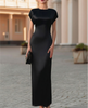 Elegant black satin waist-tie column midi dress for women by FJØRNA, showcasing a sleek, sophisticated silhouette with a fitted design.