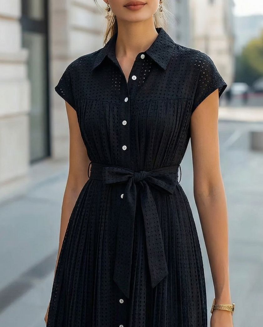 FJØRNA elegant sheer pleated high-neck button-up midi dress for women, showcasing flowing fabric and sophisticated design.