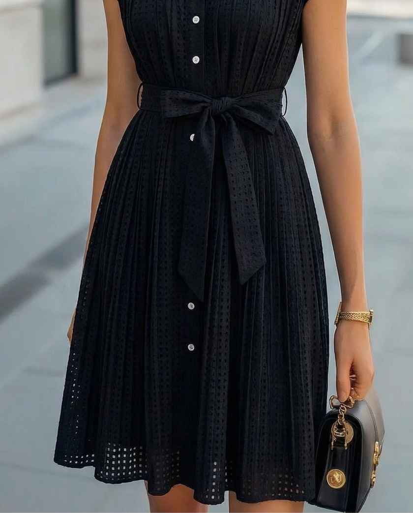 FJØRNA elegant sheer pleated high-neck midi dress for women with button-up front and sophisticated style.