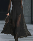FJØRNA sheer-sleeve high-neck A-line midi dress for women, featuring a flowy silhouette and elegant design in soft fabric