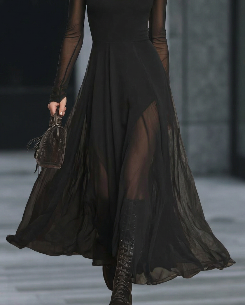 FJØRNA sheer-sleeve high-neck A-line midi dress for women, featuring a flowy silhouette and elegant design in soft fabric