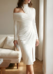 FJØRNA Ceylan women's white asymmetric midi dress with draped one-shoulder design, elegant and stylish for special occasions.