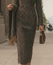 FJØRNA classic houndstooth long-sleeve midi dress for women, tailored fit with a stylish midi-length design.