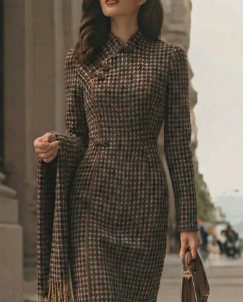 FJØRNA classic houndstooth long-sleeve midi dress for women, tailored fit with a stylish, elegant design.
