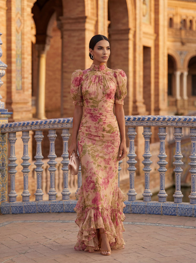 FJØRNA women's floral high neck summer dress, lightweight fabric, sleeveless design, and vibrant floral pattern, perfect for warm weather.