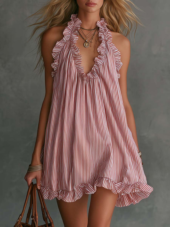 FJØRNA V-neck mini casual dress with short sleeves, lightweight fabric, and a relaxed fit, perfect for everyday wear.