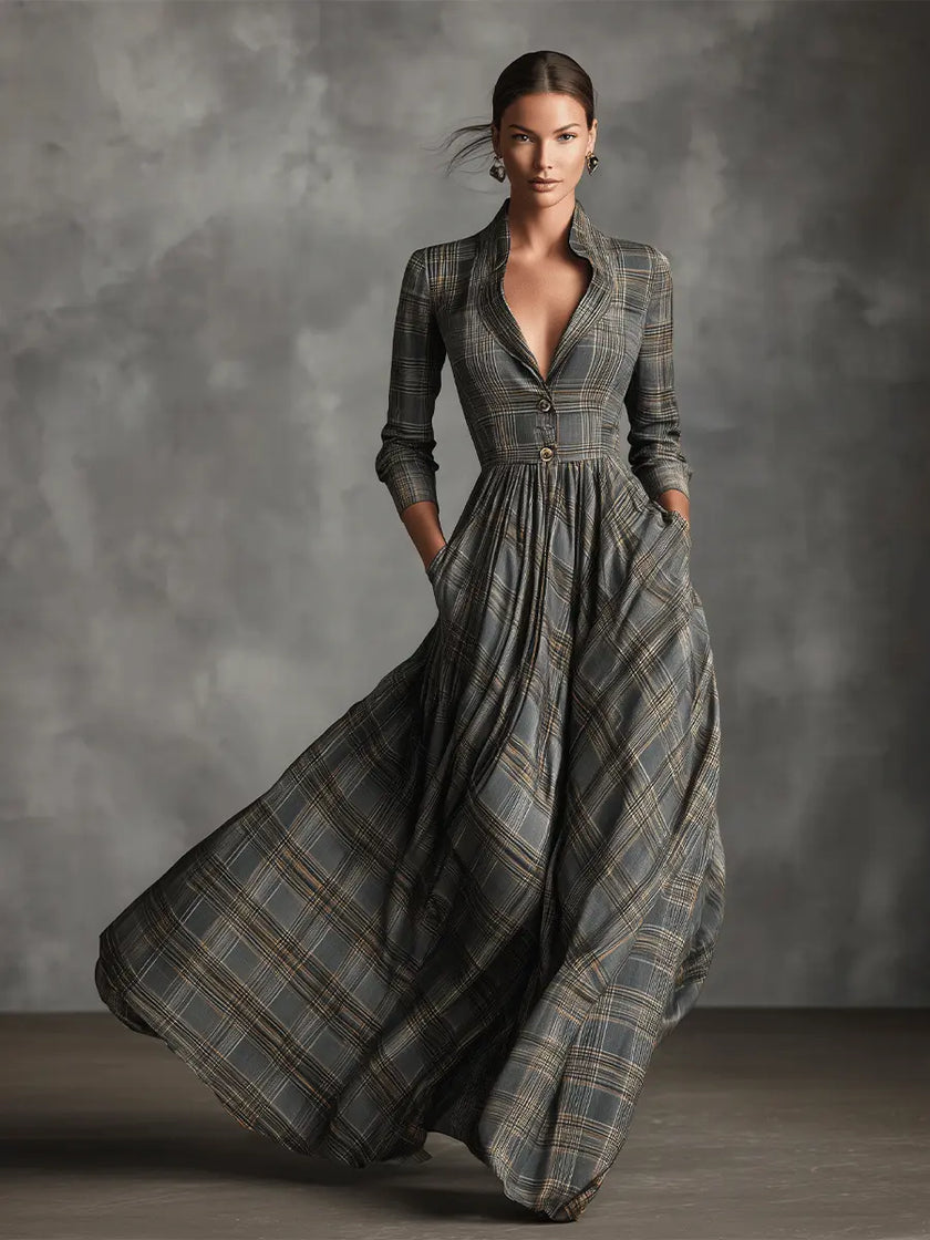 White tartan linen maxi dress by FJØRNA featuring a flared A-line skirt and sleeveless design, displayed from the front.
