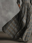 FJØRNA white tartan linen maxi dress with flared A-line skirt, casual and stylish summer dress for women.