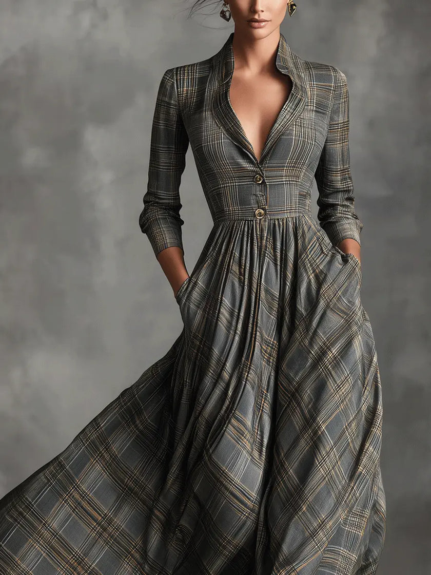 FJØRNA tartan linen maxi dress with flared A-line skirt and white color, featuring a relaxed fit and stylish design.