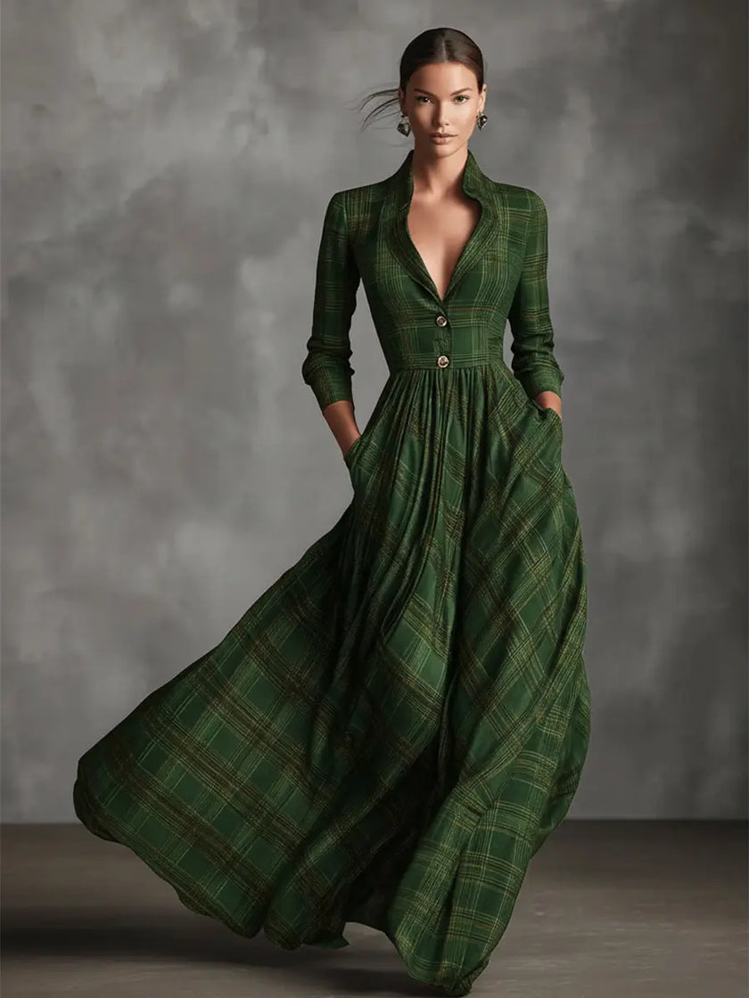 FJØRNA tartan linen maxi dress with flared A-line skirt in white and green, elegant and lightweight for warm weather.