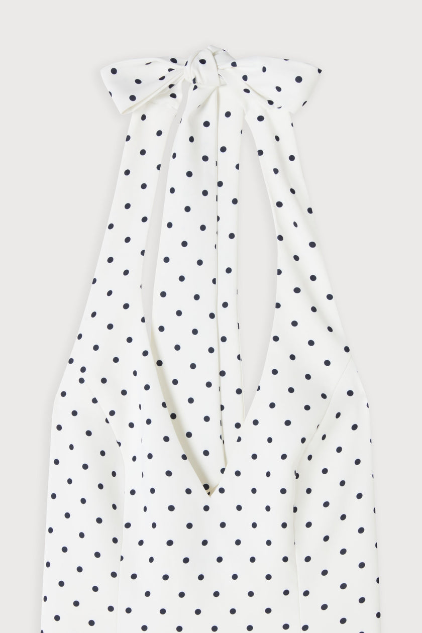FJØRNA women's mini dress with volume skirt, white polka dot pattern, suitable for party and day wear, stylish and comfortable.