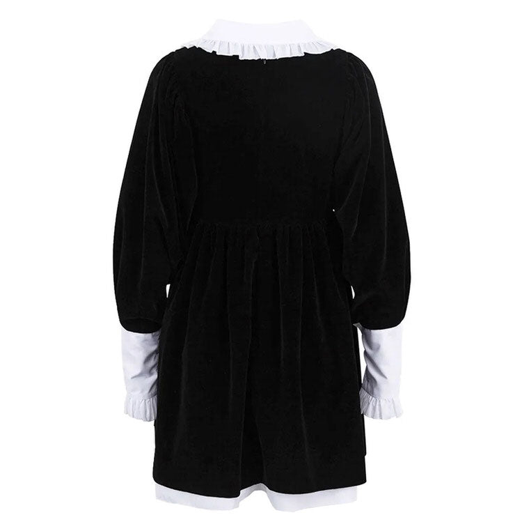 Black velvet collar mini dress by FJØRNA featuring a stylish V-neck and short length, perfect for chic streetwear looks.