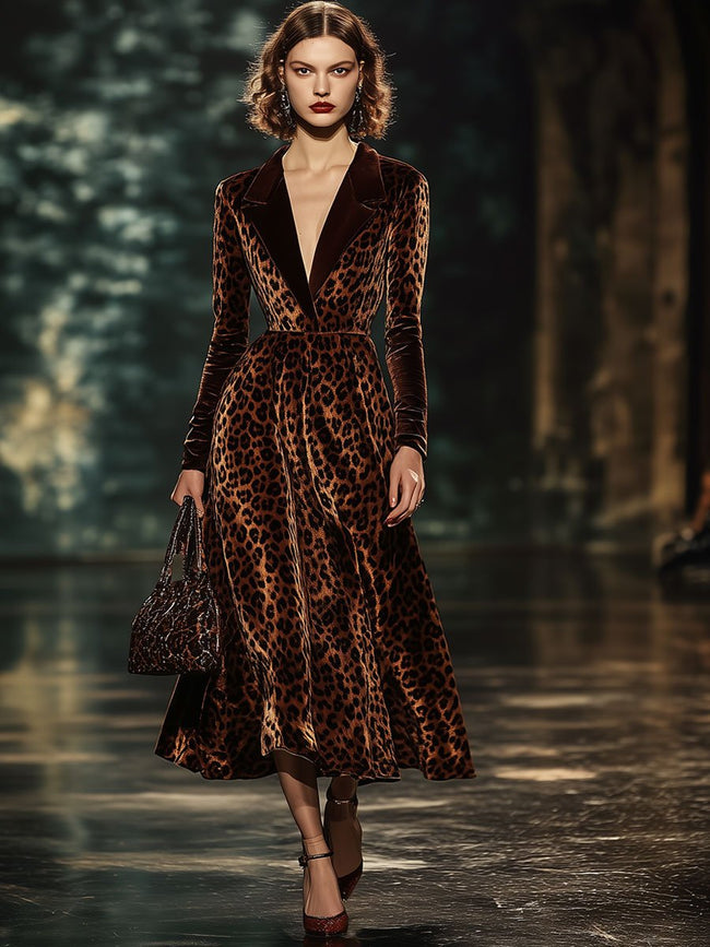 FJØRNA velvet leopard print midi dress, elegant evening dress with long sleeves and fitted silhouette, stylish for special occasions.