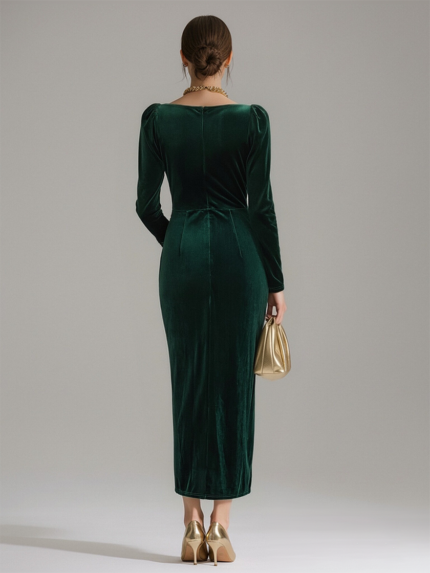FJØRNA velvet midi evening dress with elegant drape and long sleeves, perfect for formal occasions.