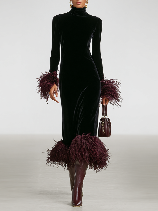 FJØRNA velvet patchwork maxi dress for evening wear, featuring a flowing silhouette and elegant patchwork design.