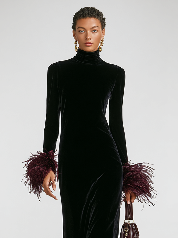 Velvet patchwork maxi dress by FJØRNA, elegant evening dress with a flowing silhouette and intricate patchwork design.