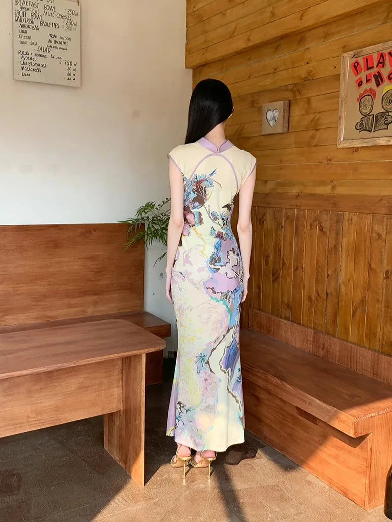 FJØRNA vintage floral cut-out women's maxi dress with a flowing silhouette, perfect for summer and special occasions.