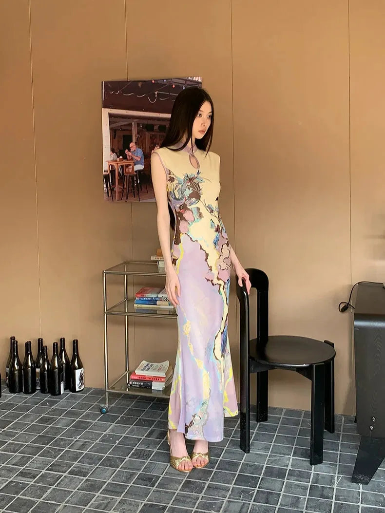 FJØRNA vintage floral cut-out women's maxi dress featuring a flowing silhouette and summer floral pattern, perfect for special occasions.