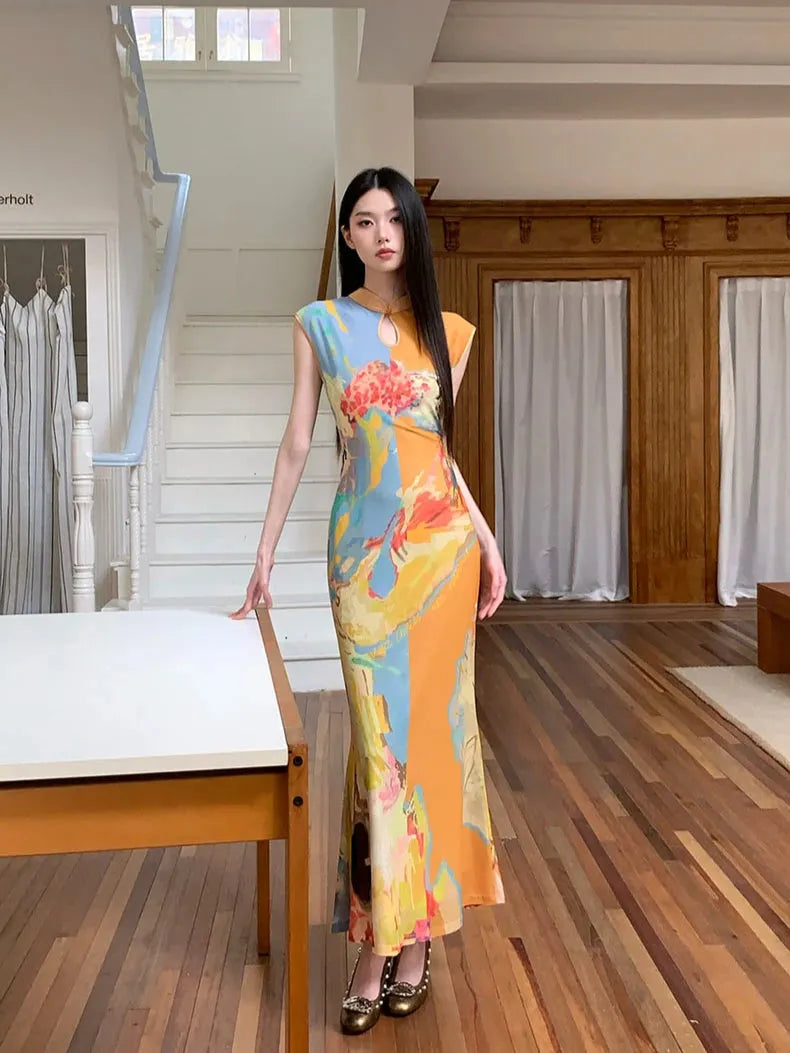 FJØRNA vintage floral cut-out women's maxi dress with summer-inspired design and elegant details, perfect for special occasions.