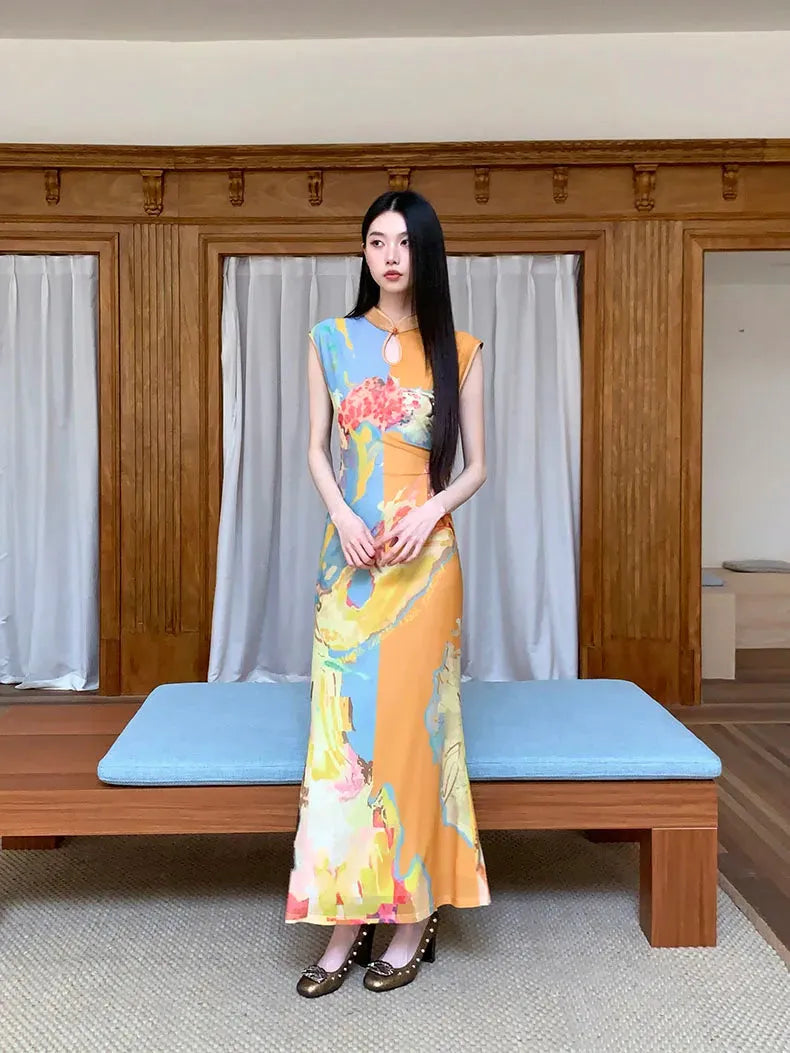 FJØRNA vintage floral cut-out women's maxi dress with a flowing silhouette, perfect for summer and special occasions.