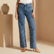 FJØRNA women's relaxed fit baggy denim jeans in blue wash, casual pants with a vintage style and comfortable fit.