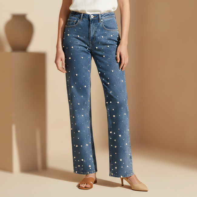 FJØRNA women's relaxed fit baggy denim jeans in blue wash, casual pants with a vintage style and comfortable fit.