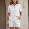FJØRNA Coastal Ease white button-up shirt and relaxed shorts set, casual 2-piece summer outfit, lightweight and comfortable.