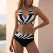 White striped wrap halter bikini set for women by FJØRNA, featuring a stylish design and comfortable fit.