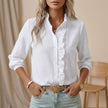 White long sleeve denim summer blouse for women by FJØRNA, featuring a casual fit and classic denim fabric.