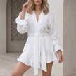 FJØRNA airy white kimono two-piece set with flowing ruffle shorts, lightweight and stylish for casual wear.