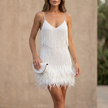 White FJØRNA fitted V-neck mini dress with sequined fringe and feathered hem, showcasing elegant, stylish evening wear.