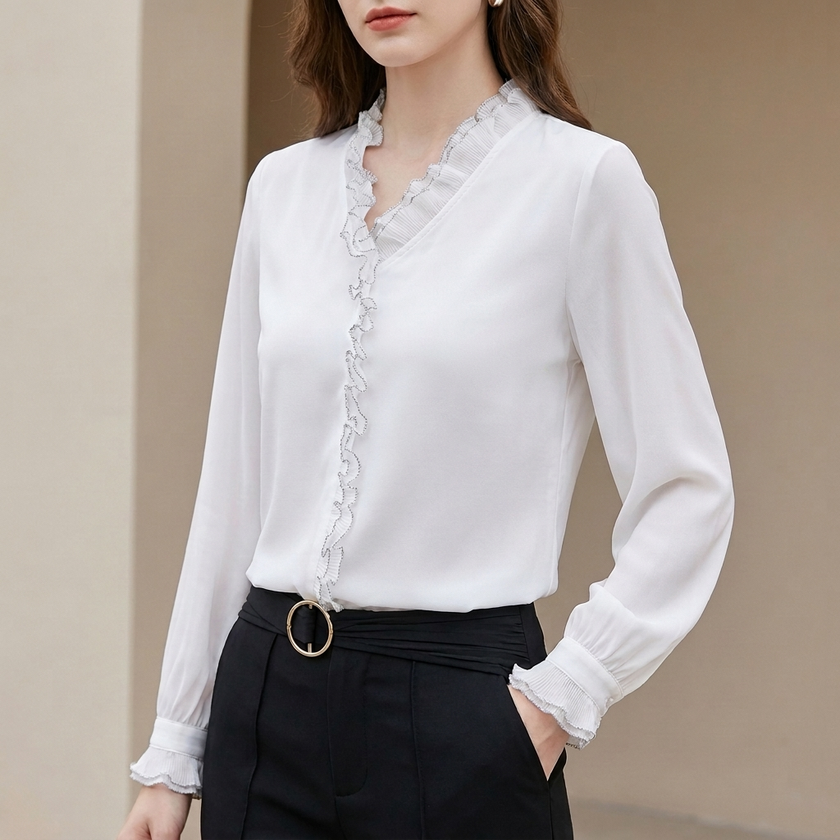 White women's summer blouse with V-neck and puff sleeves, made of chiffon by FJØRNA, perfect for warm weather.