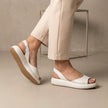 White FJØRNA women's orthopedic wedge sandals with adjustable straps, featuring supportive soles and comfortable design for everyday wear.
