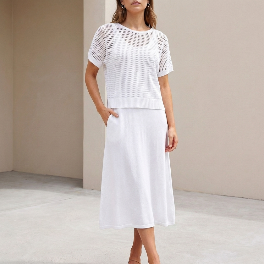 FJØRNA white 2-piece midi dress and cropped open-knit mesh top set, flowing dress with fitted top, stylish and elegant ensemble.