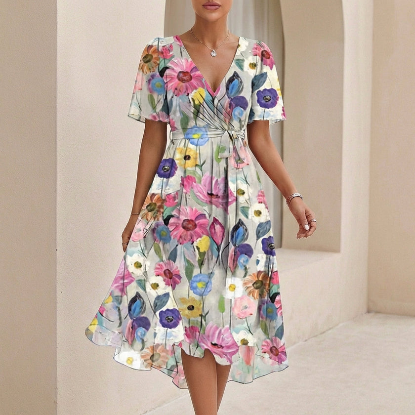 FJØRNA Sofia Amoretti flowing white chiffon midi dress with tie waist, elegant and lightweight for sophisticated occasions.