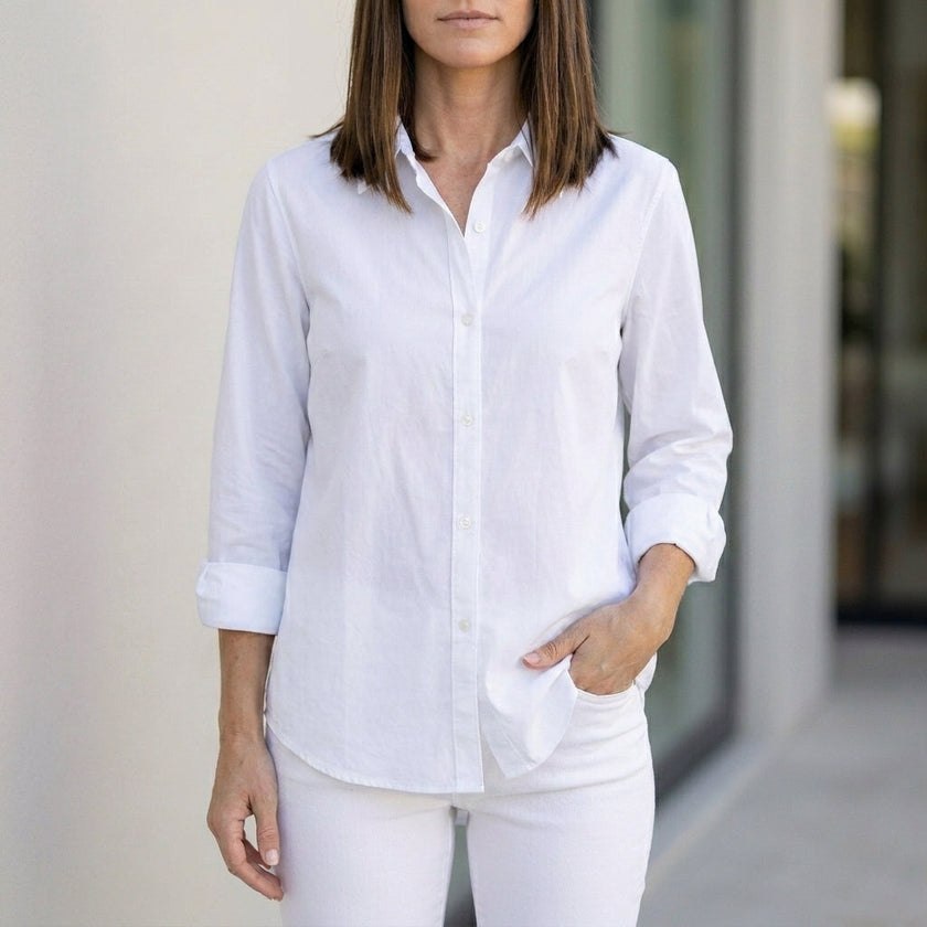 White linen summer blouse for women with button front, stylish and breathable top by FJØRNA.