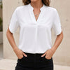 White chiffon V-neck blouse for women by FJØRNA featuring stand collar and split cuffs, stylish and lightweight top.