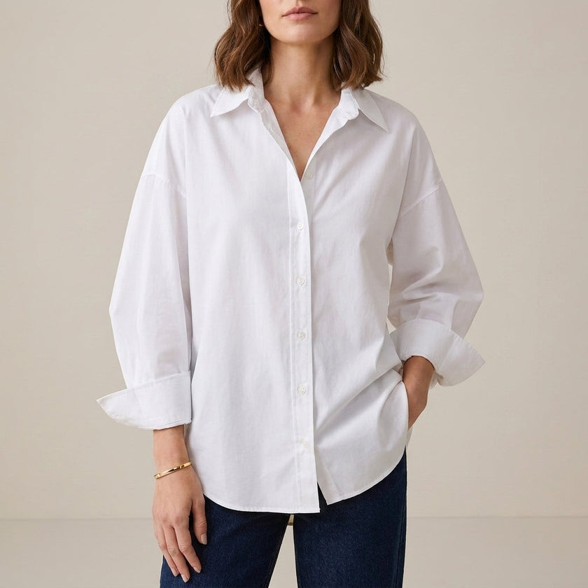 FJØRNA women's summer linen top with button front in white, lightweight and stylish for warm-weather wear.