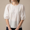 FJØRNA women's summer floral V-neck top in white, lightweight breathable blouse with a feminine floral pattern.